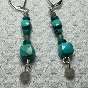 Blue Dot Jasper, Labradorite Dangle & Faceted Turquoise Earrings